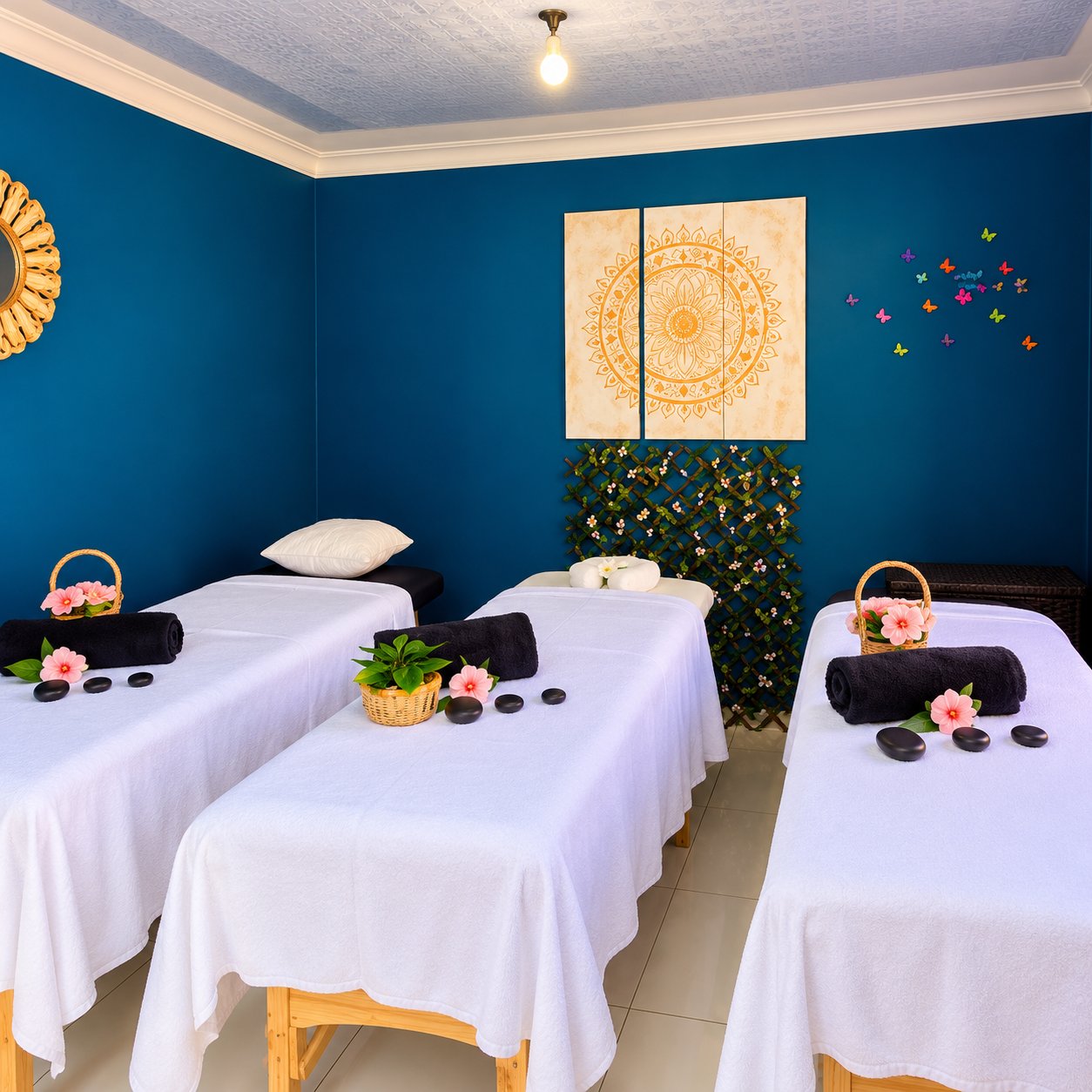 Adelaide?s teal treatment room with prepared massage beds
